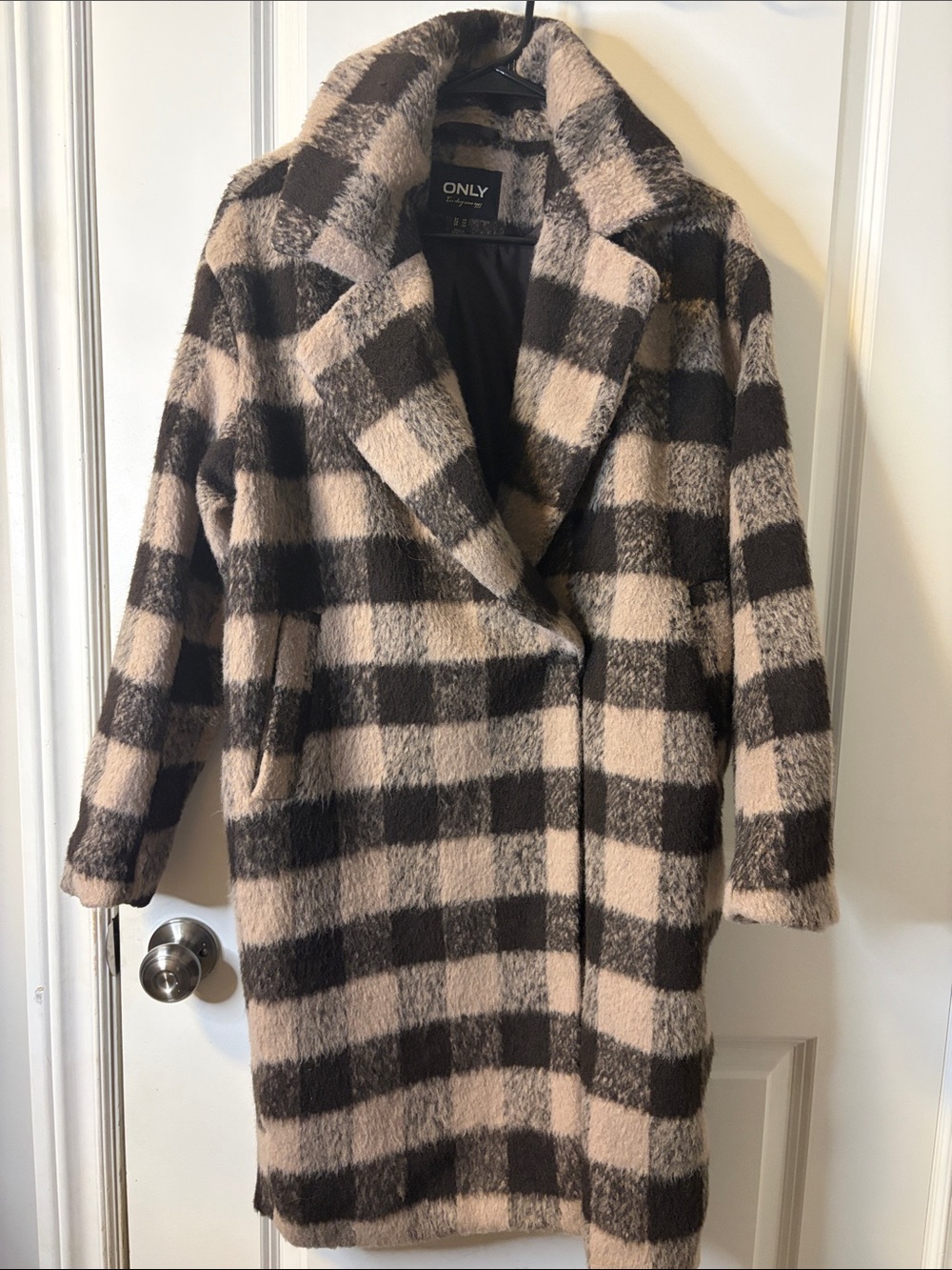 ONLY Beige and Brown Checked Long Peacoat with Wide Lapel